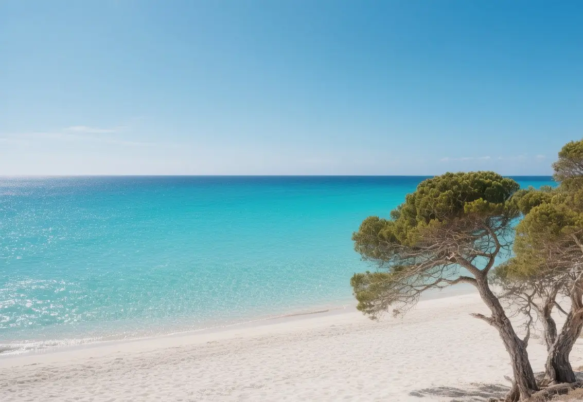 Formentera pristine beaches turquoise waters with white sand and juniper trees bathed in bright Mediterranean sunlight