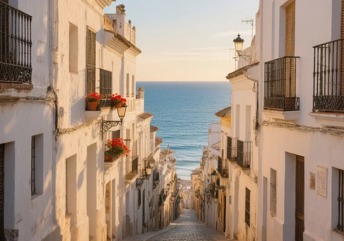Cádiz old town narrow streets with white buildings and blue Atlantic Ocean bathed in warm Andalusian afternoon light