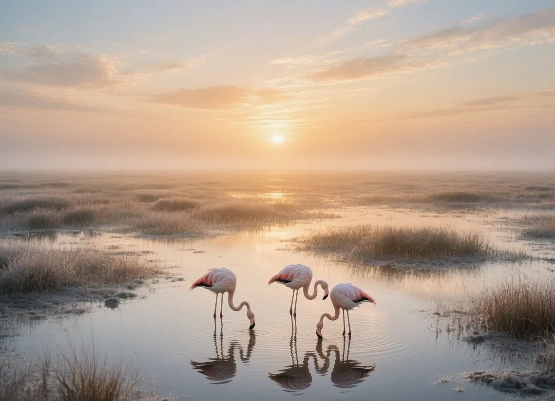 Doñana National Park wetlands at sunrise with flamingos and marshes bathed in soft golden morning light
