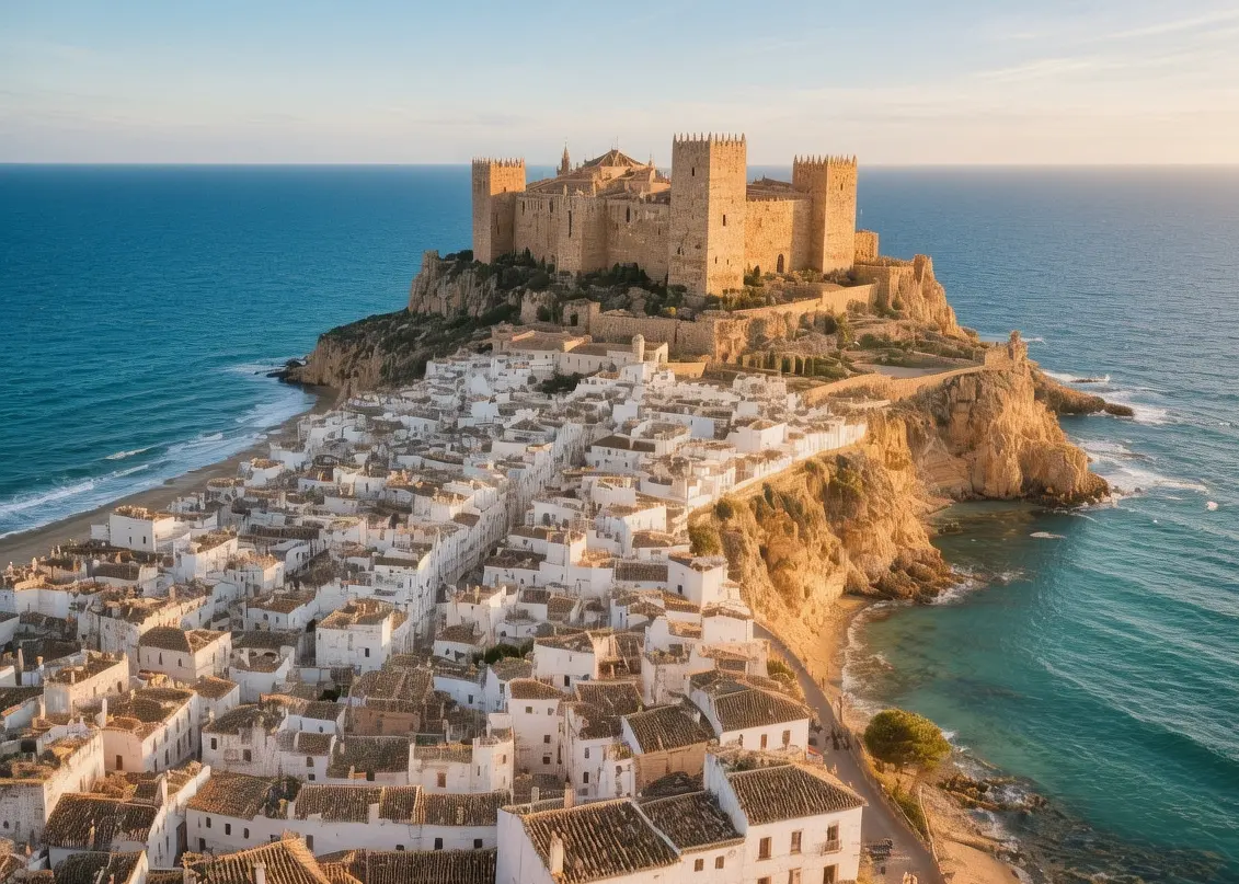 Peñíscola castle town white houses and medieval fortress on rocky peninsula bathed in warm Mediterranean sunset light