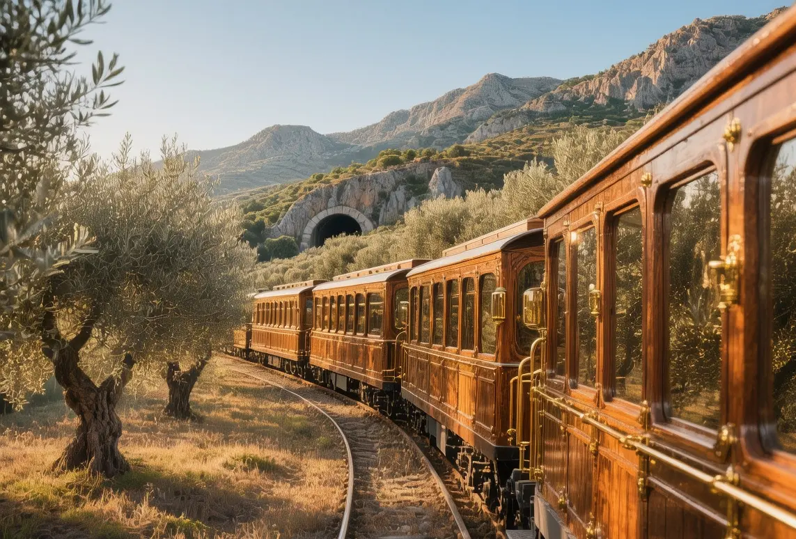Sóller Vintage Train wooden carriages winding through olive groves and mountain tunnels in Mallorca bathed in morning sunlight