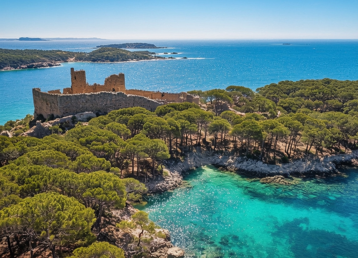 Cabrera Archipelago aerial view of turquoise coves, pine forests, and historic castle ruins bathed in bright Mediterranean sunlight