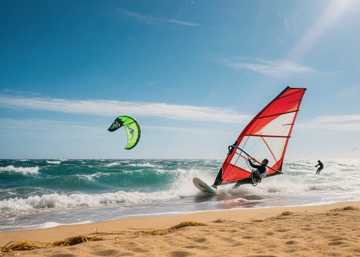 Tarifa beaches windsurfing kitesurfing on golden sand with Atlantic Ocean waves and strong winds under blue Andalusian sky