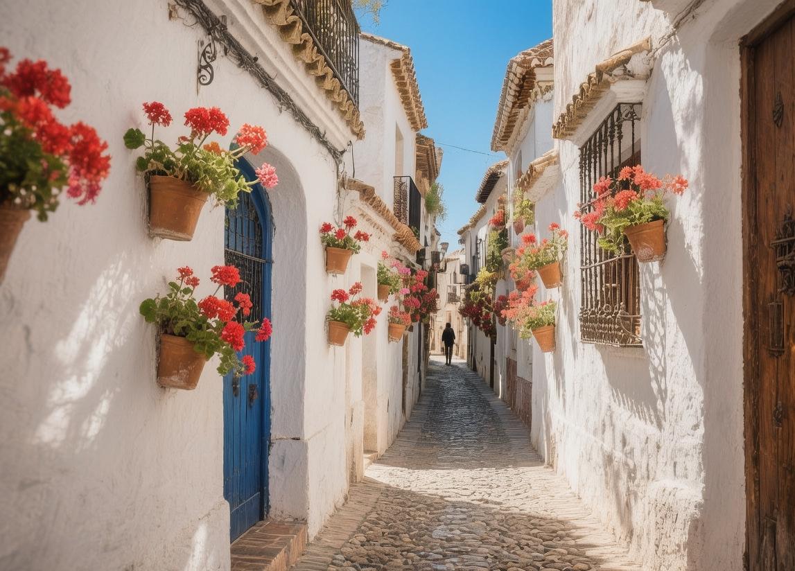 Córdoba Jewish Quarter narrow whitewashed streets with flower pots, blue shutters, and cobblestones bathed in soft Andalusian morning light