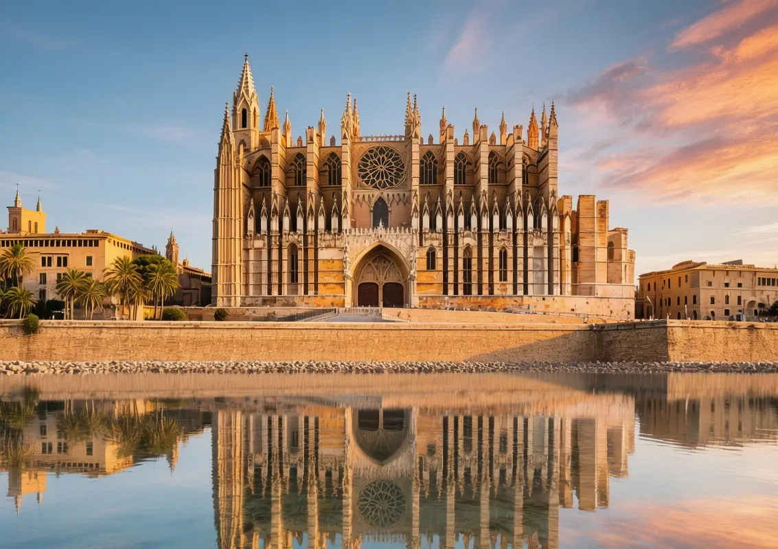 Palma Cathedral Gothic facade at sunrise with rose window and sea reflection bathed in warm Mediterranean morning light