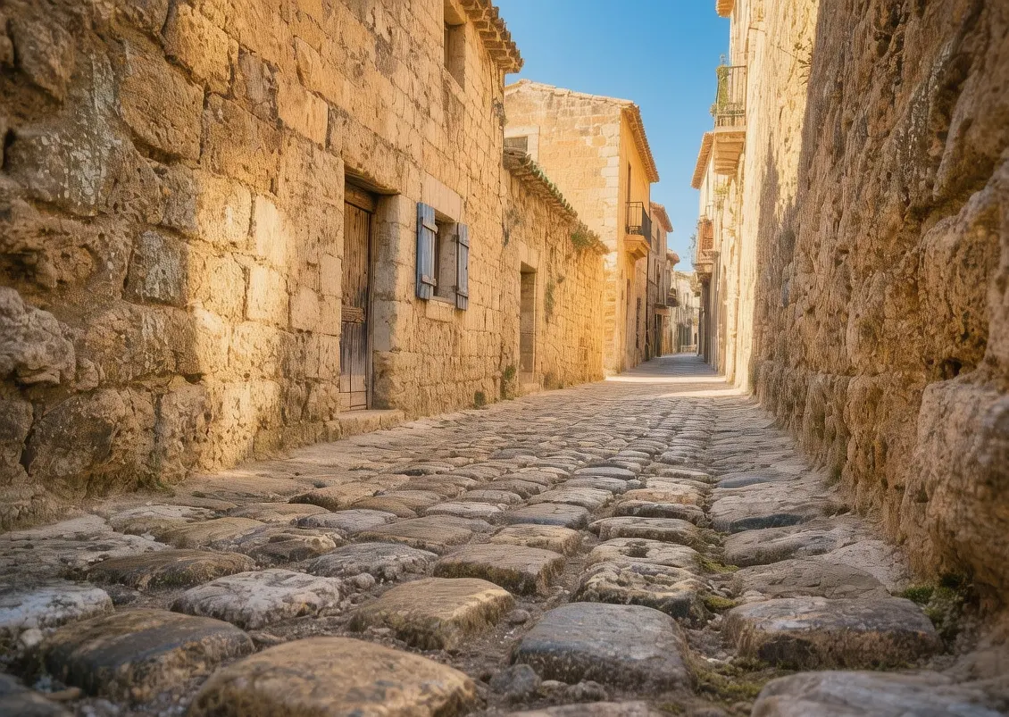 Alcúdia old town medieval stone walls and cobblestone streets bathed in warm Mediterranean sunlight