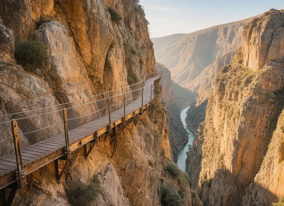 Caminito del Rey walkway clinging to vertical limestone cliffs above turquoise gorge with hikers on narrow path in Málaga, Spain