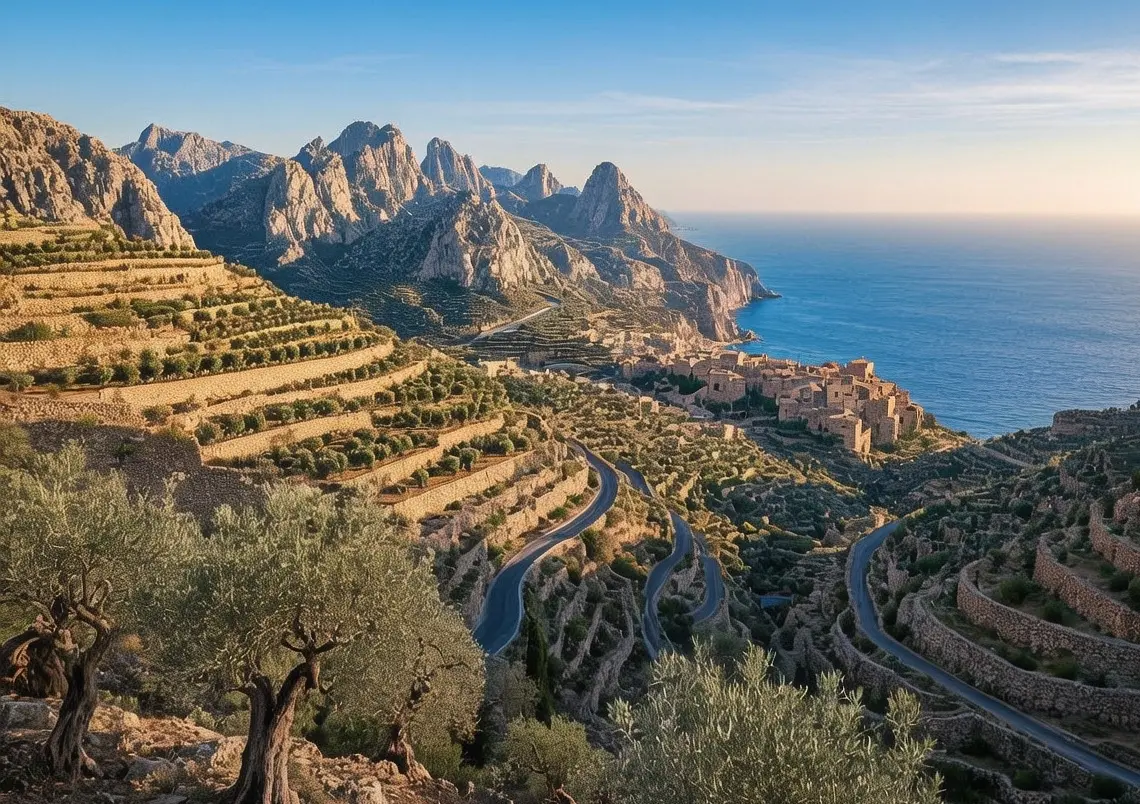 Serra de Tramuntana mountain range in Mallorca with olive groves, stone walls, and Mediterranean Sea views under blue sky