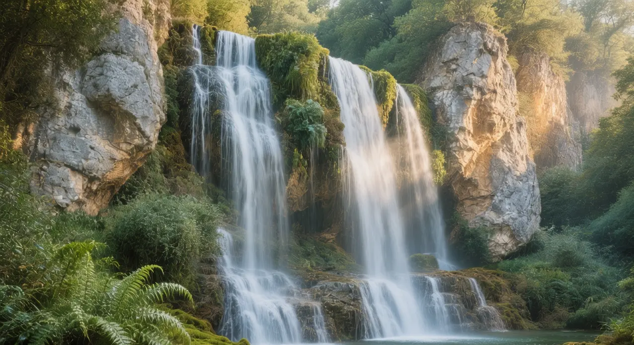 Monasterio de Piedra waterfalls cascading over limestone cliffs in lush green park near Nuévalos, Aragon, Spain at morning light