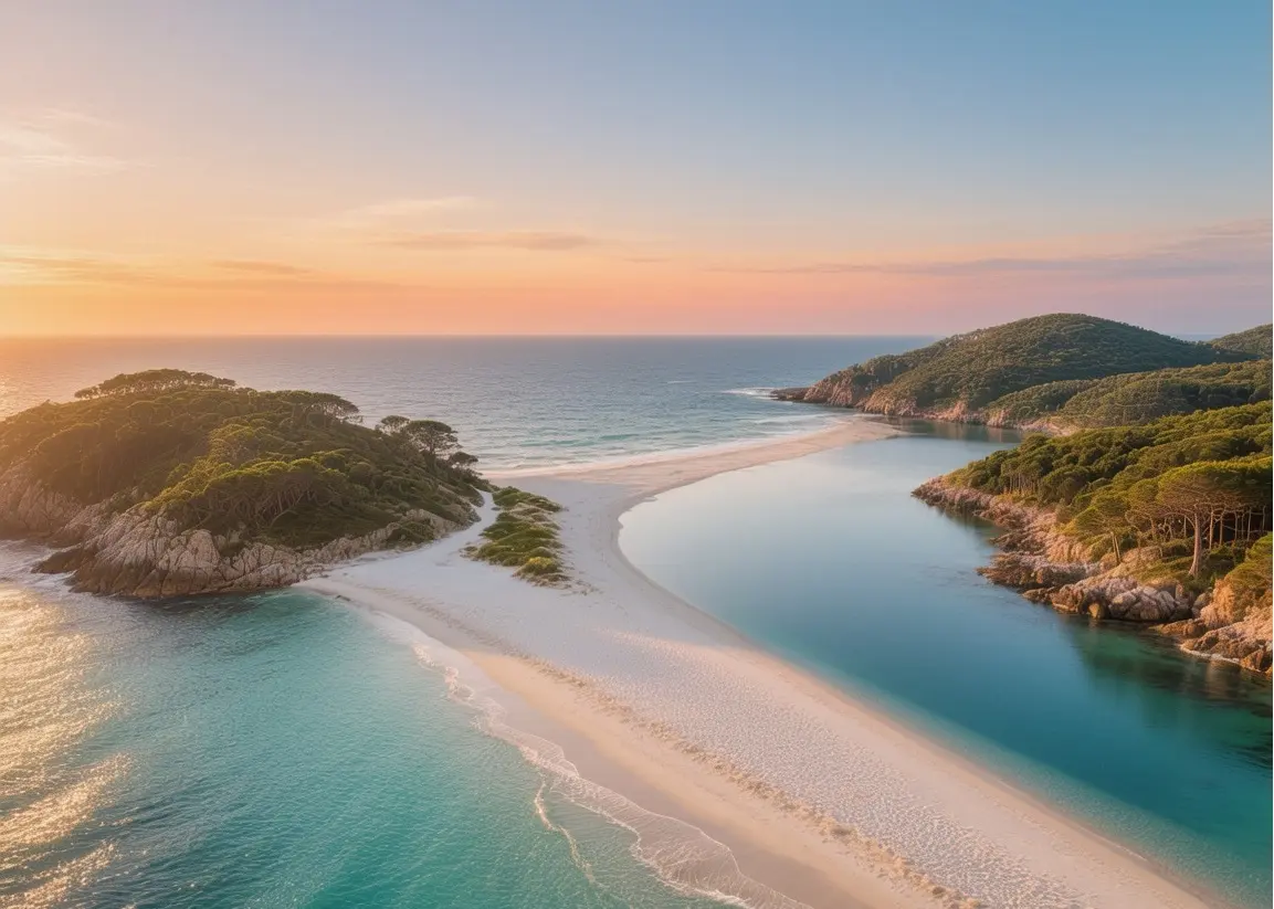 Islas Cíes Rodas Beach turquoise waters and white sand connecting Monteagudo and Do Faro islands in Galicia, Spain at golden hour