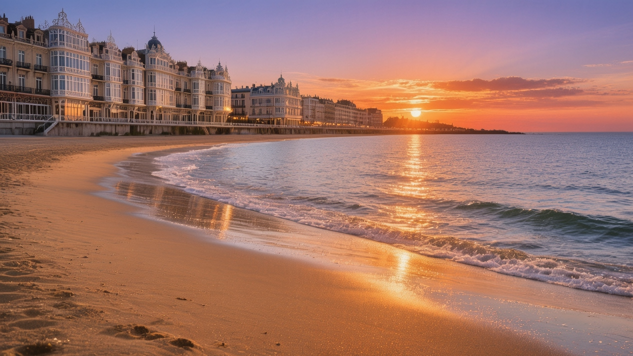 Santander Sardinero beach golden sands meeting Cantabrian Sea at sunset in Cantabria, Spain with Belle Époque architecture backdrop