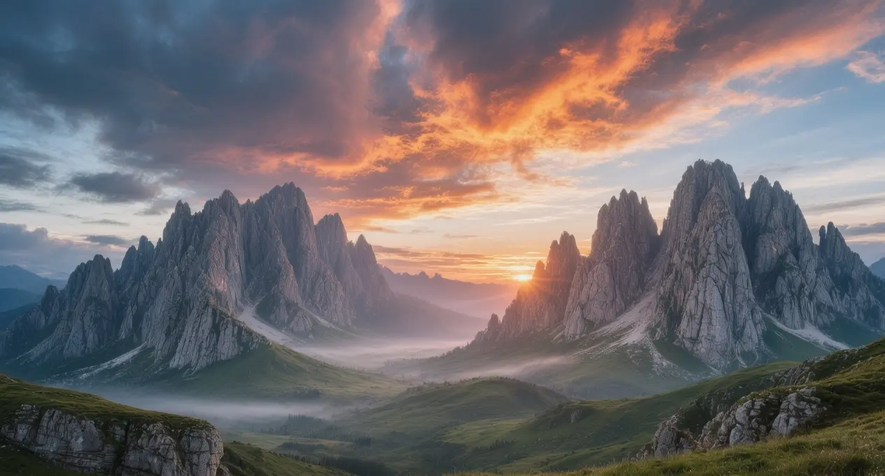 Picos de Europa limestone peaks rising above green valleys at sunrise in Cantabria, Asturias, and León, Spain with dramatic clouds