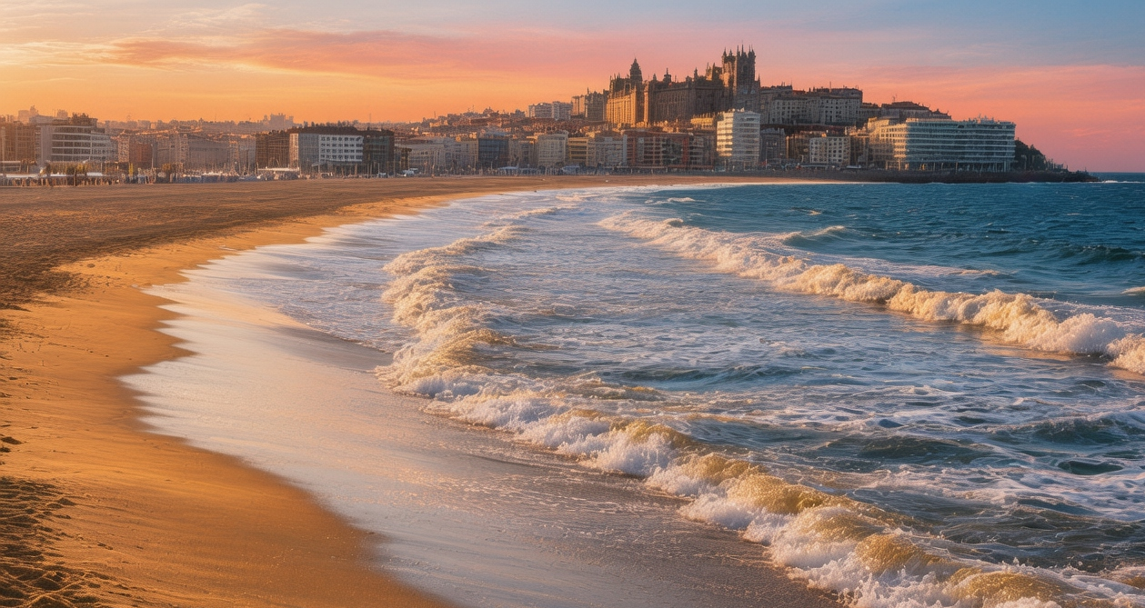 Gijón San Lorenzo beach golden sand meeting Atlantic waves at sunset in Asturias, Spain with urban skyline and historic Cimadevilla backdrop