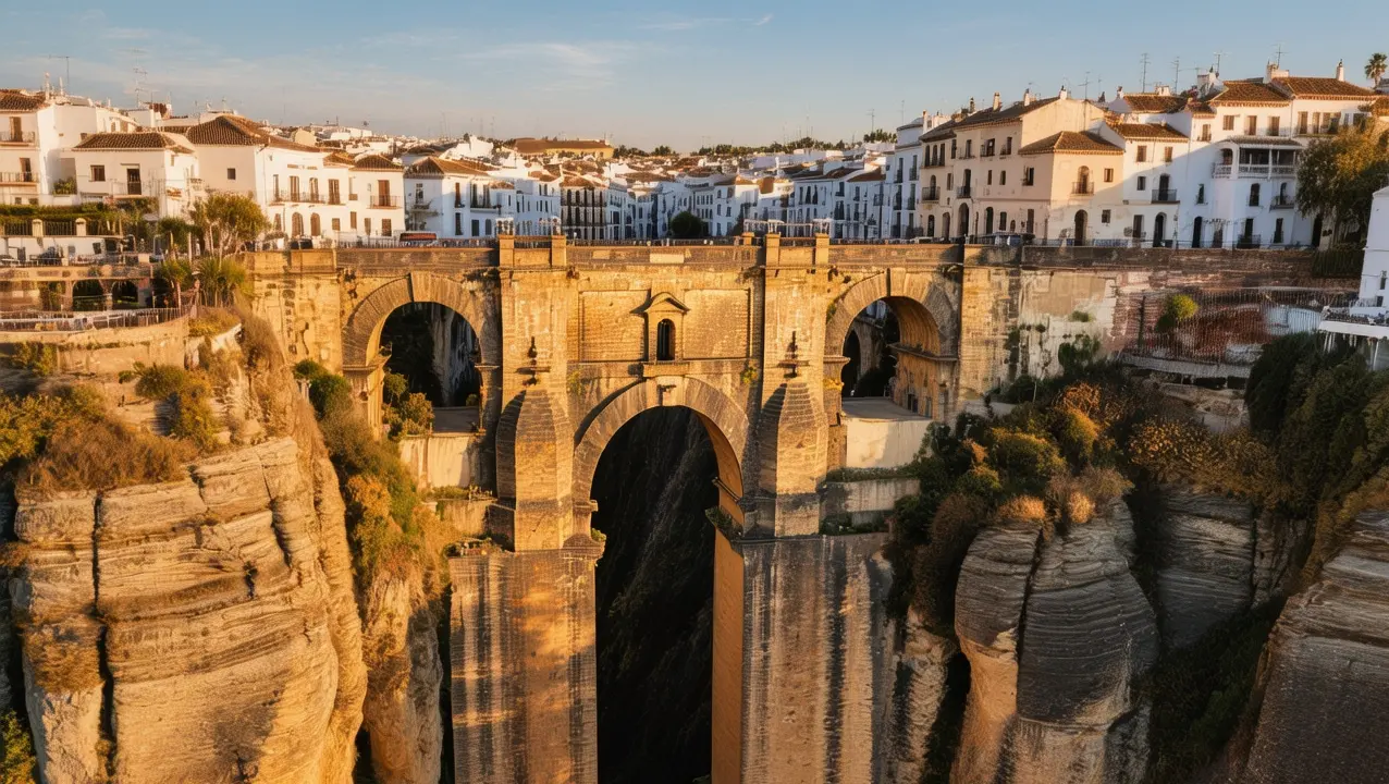 Puente Nuevo bridge spanning El Tajo gorge at golden hour in Ronda, Spain, with white Andalusian buildings and dramatic limestone cliffs illuminated by warm sunset light