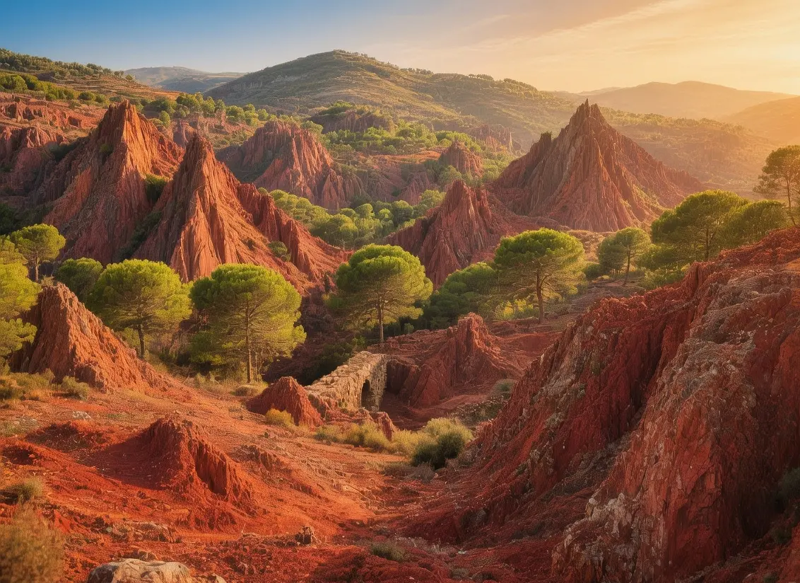 Las Médulas Roman mines red earth landscape with green pine trees and ancient ruins at golden hour in Castilla y León, Spain