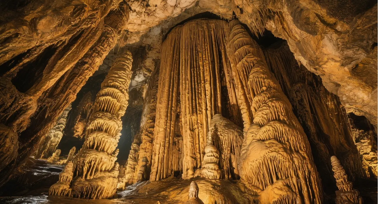 Nerja Caves underground chamber with massive stalactites and stalagmites illuminated by golden artificial lighting in Andalusia, Spain
