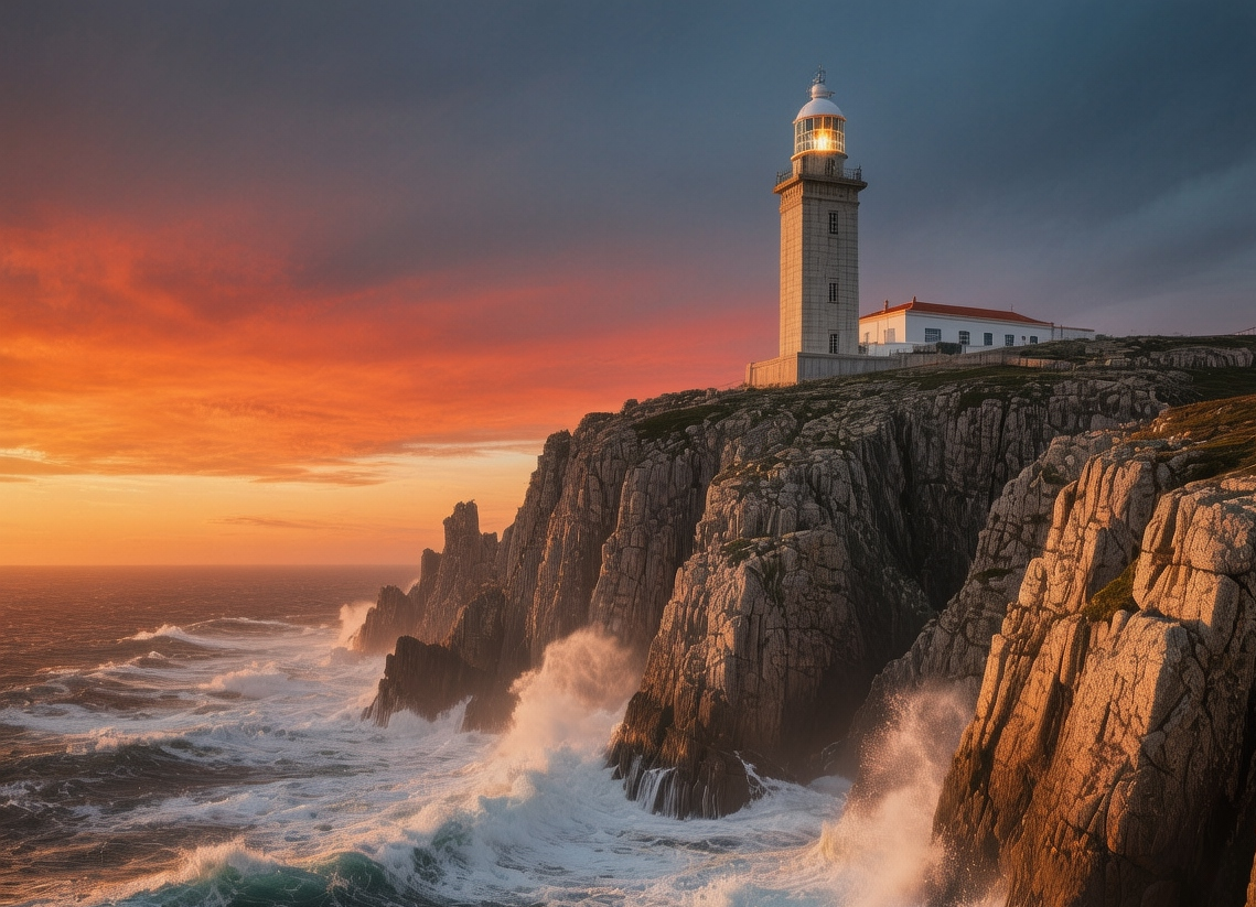 Cabo Finisterre lighthouse standing on dramatic granite cliffs overlooking Atlantic Ocean at sunset in Galicia, Spain with crashing waves