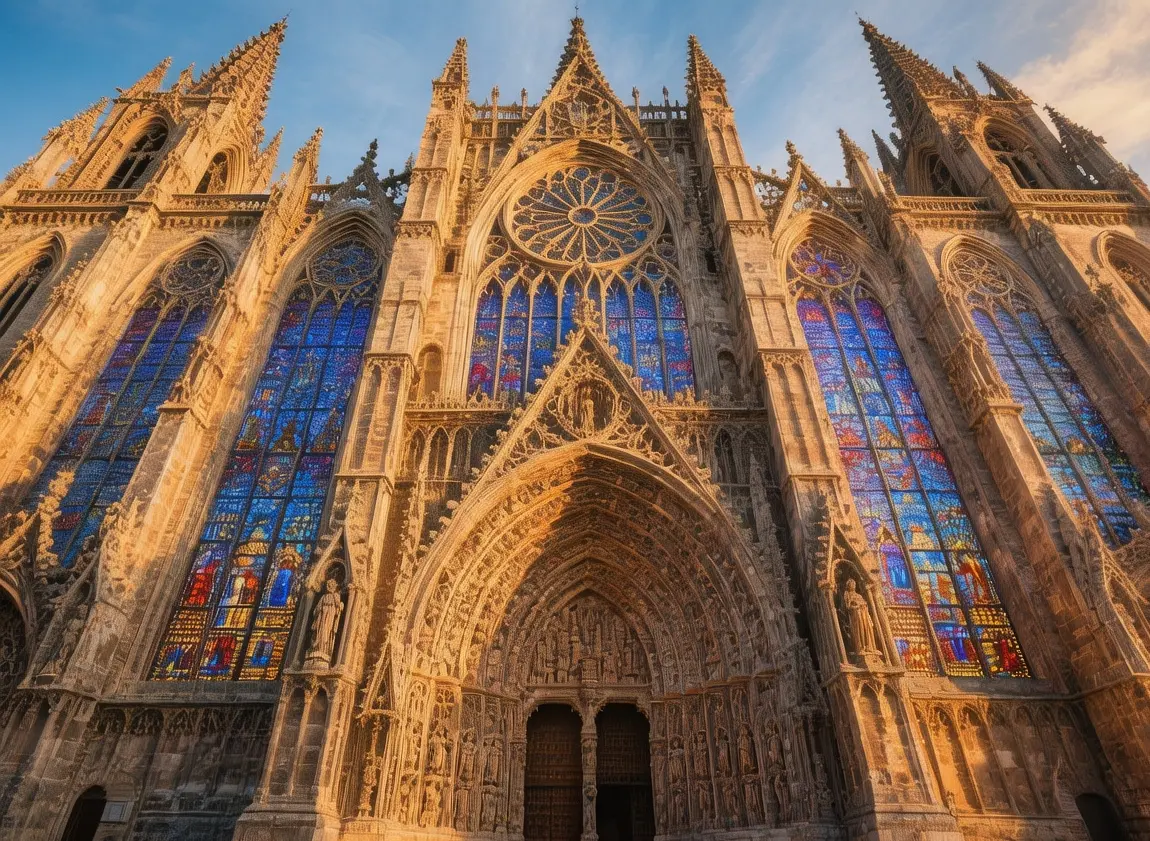 León Cathedral Gothic facade with magnificent stained glass windows glowing in afternoon sunlight in Castilla y León, Spain