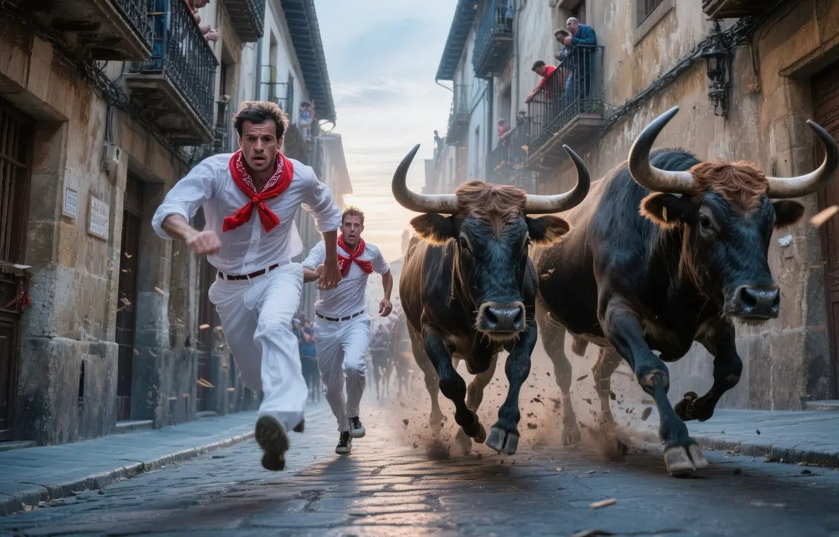Pamplona Running of the Bulls at dawn with runners in white and red scarves sprinting ahead of fighting bulls through narrow medieval streets, San Fermín festival, Spain