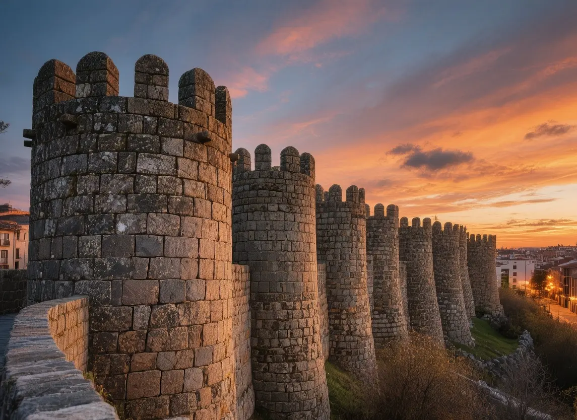 Lugo Roman walls illuminated at sunset with stone towers and walkway in Galicia, Spain with ancient fortification and evening sky
