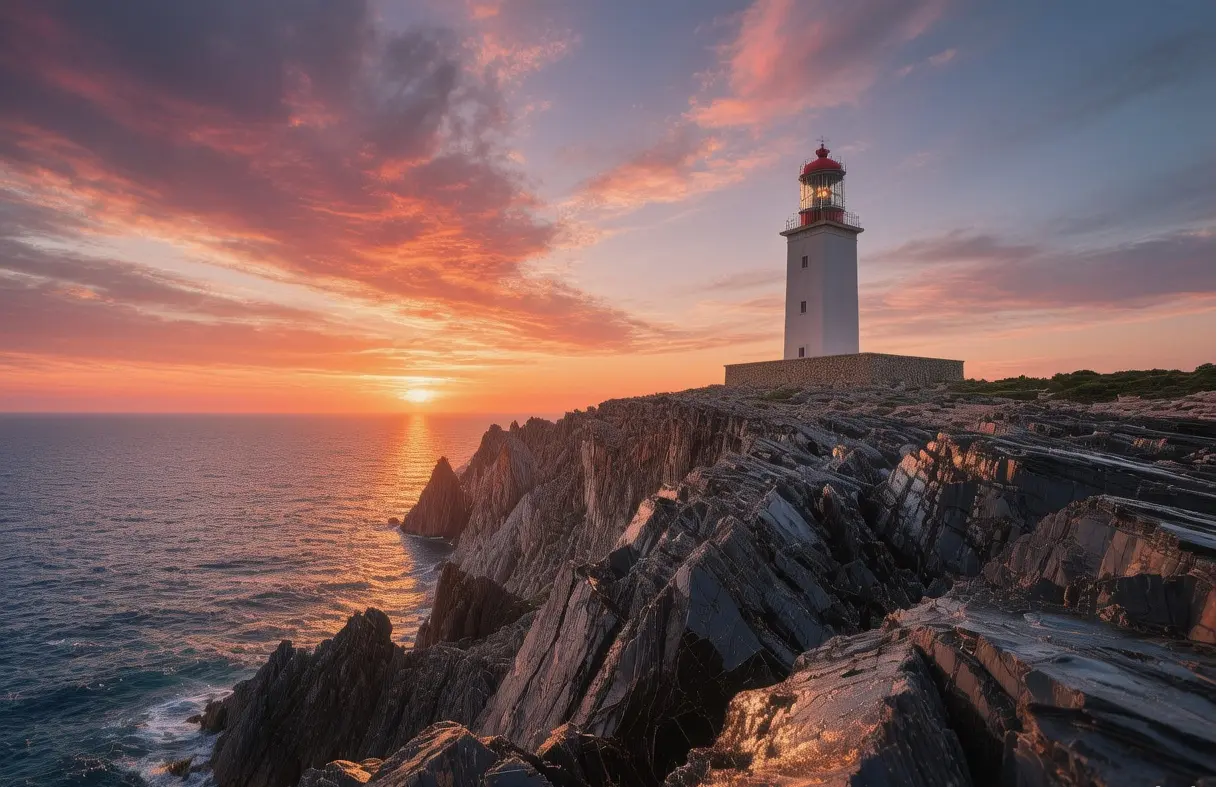 Cap de Creus lighthouse at sunset with rugged slate rocks and Mediterranean sea, natural park, Catalonia, Spain