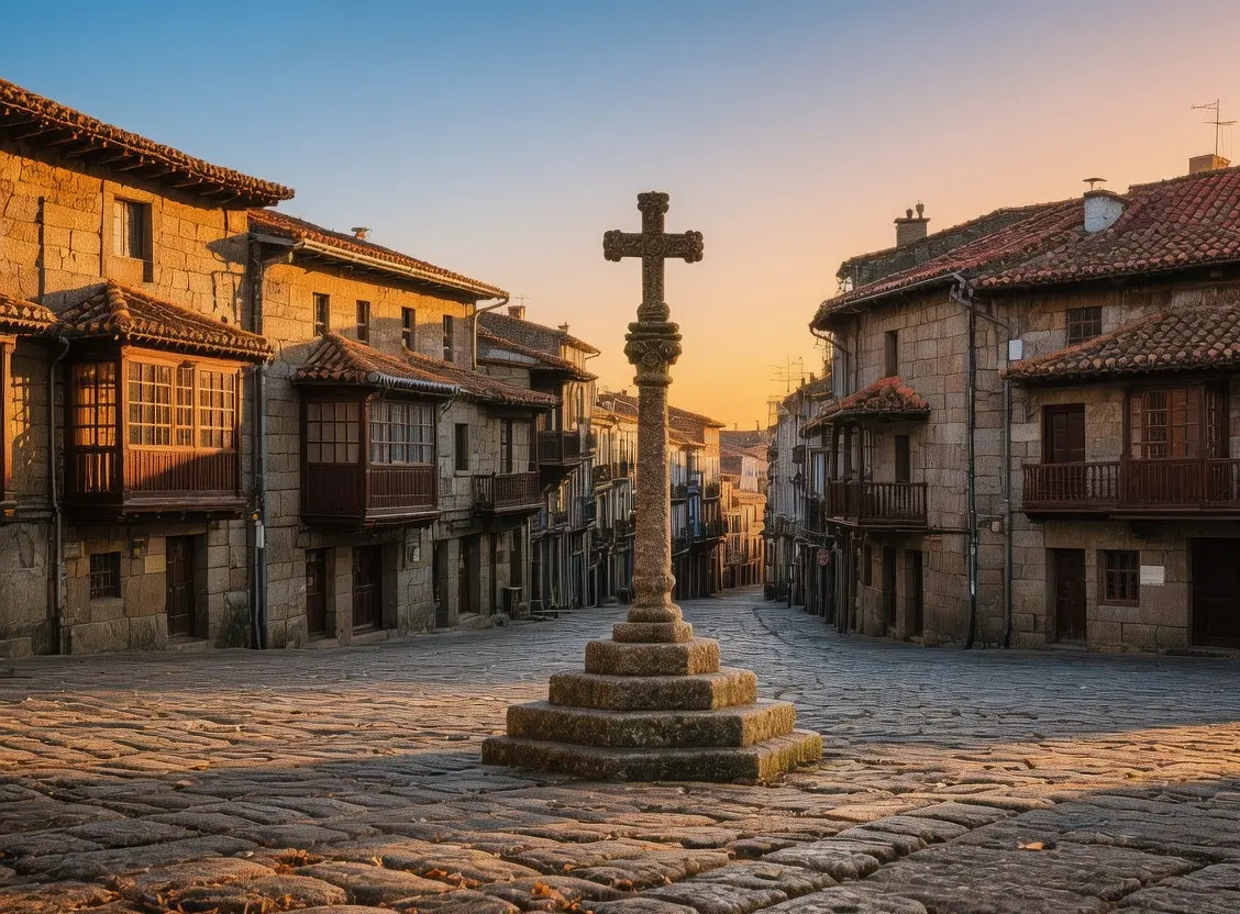 Pontevedra old town Praza da Leña stone square with granite cross and traditional buildings at golden hour in Galicia, Spain