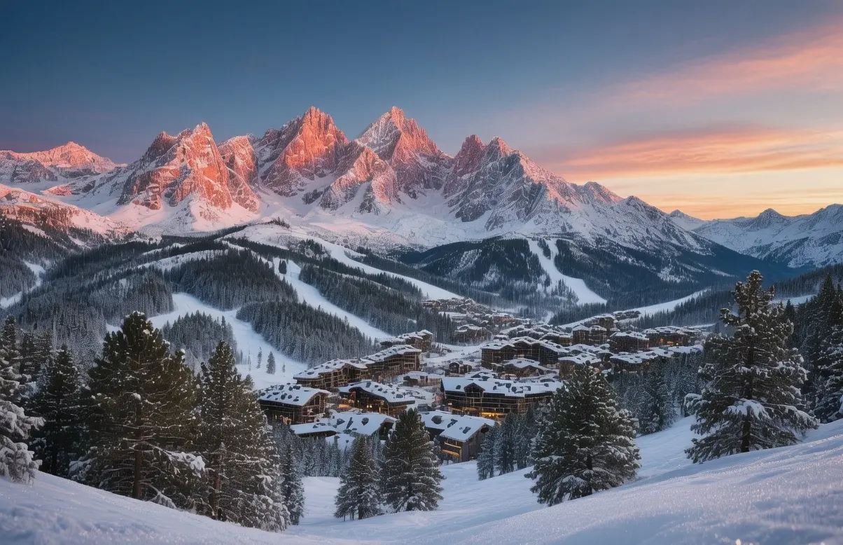 Sunrise over Pyrenees ski resorts with snow-covered granite peaks and pine forests, Baqueira-Beret valley, Spain
