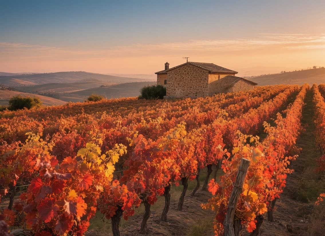 La Rioja vineyards rows of Tempranillo vines glowing at sunset in Rioja Alavesa, Spain with autumn colors and bodega architecture