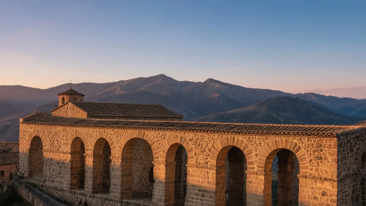 San Millán de Suso monastery at dawn with golden light illuminating Visigothic arches, La Rioja mountains in background, Spain