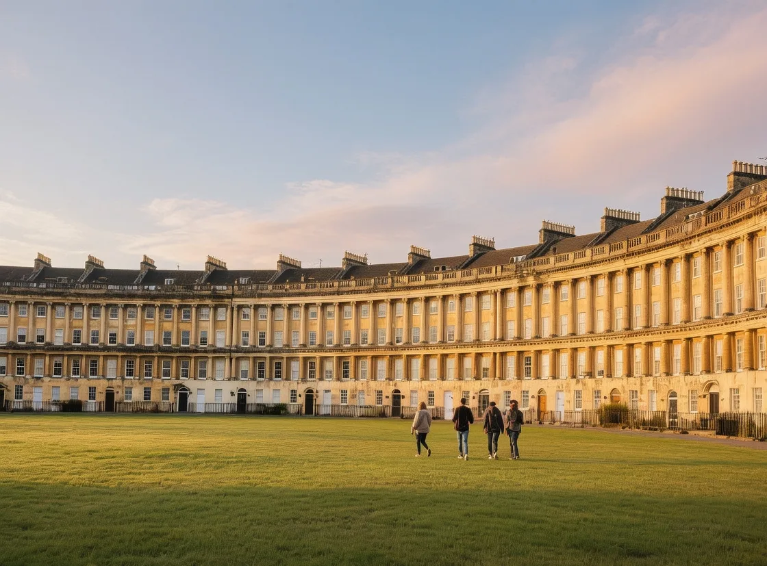 Royal Crescent Bath Georgian architecture at golden hour with green lawn and visitors walking Somerset England