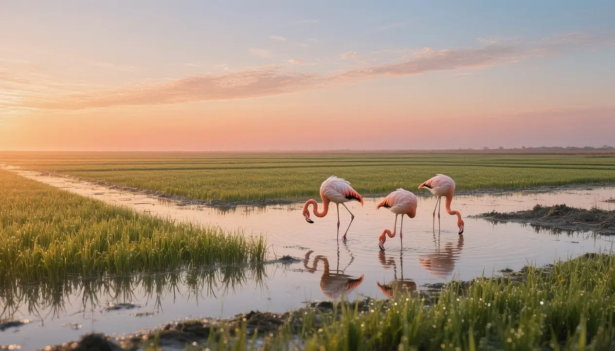 Ebro Delta nature reserve wetlands at sunrise with flamingos and rice fields, Catalonia protected park, Spain
