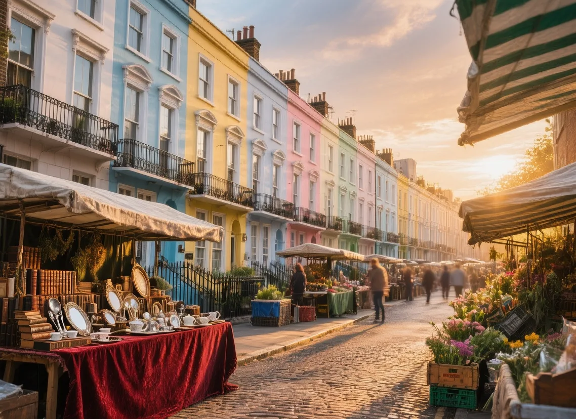 Notting Hill colorful Victorian townhouses at golden hour with Portobello Road market stalls London