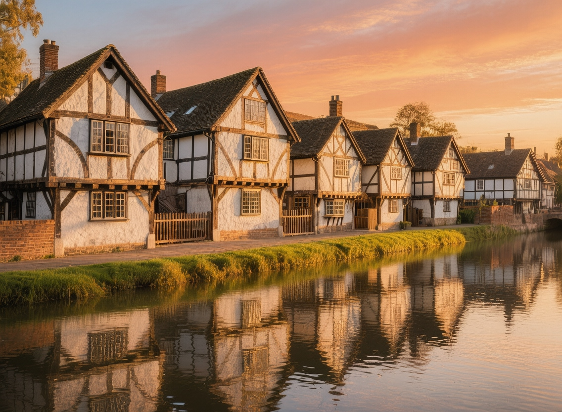 Stratford-upon-Avon half-timbered houses at golden hour with River Avon flowing past Shakespeare birthplace England