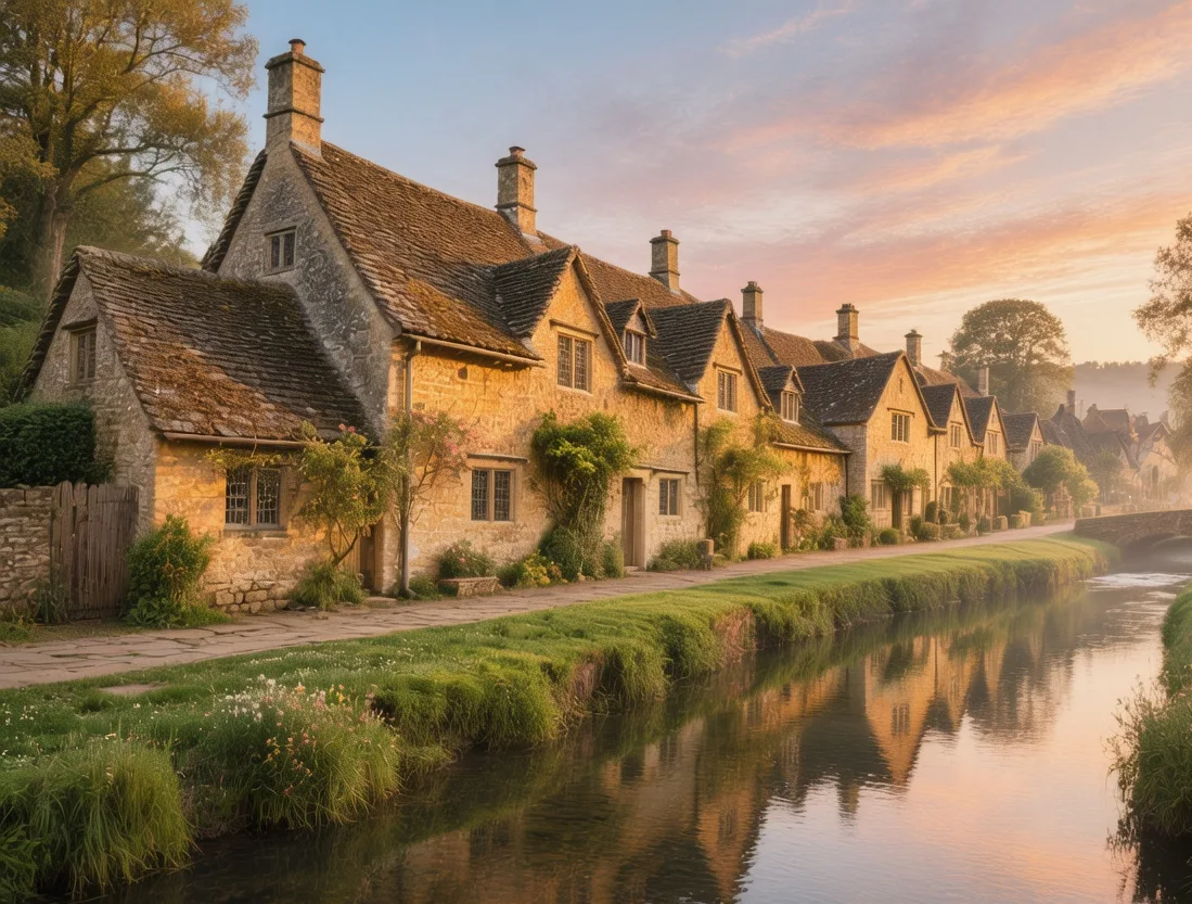 Bibury Arlington Row stone cottages at sunrise with River Coln flowing through Cotswolds village England