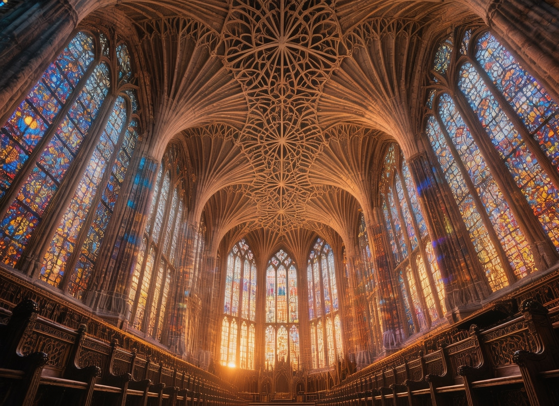 King's College Chapel Cambridge at golden hour with fan vaulted ceiling and stained glass glowing interior England