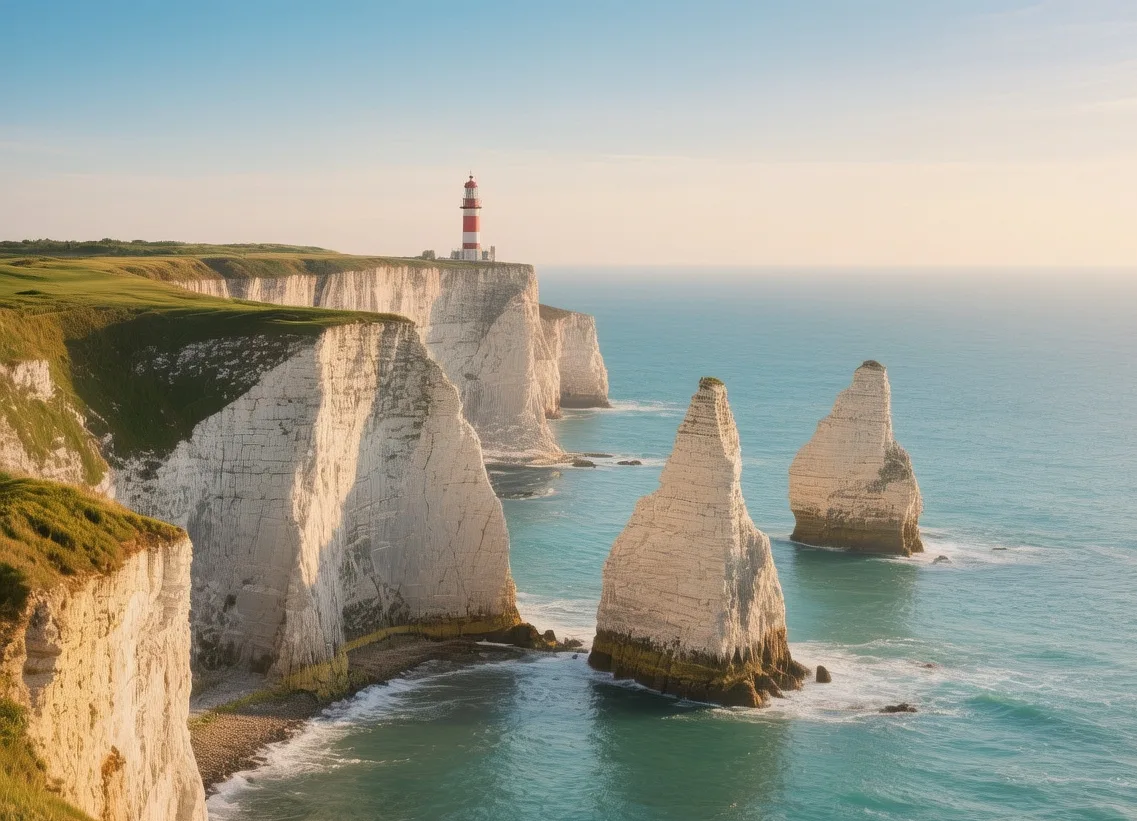 Isle of Wight sandy beaches at golden hour with chalk cliffs and turquoise English Channel waters England