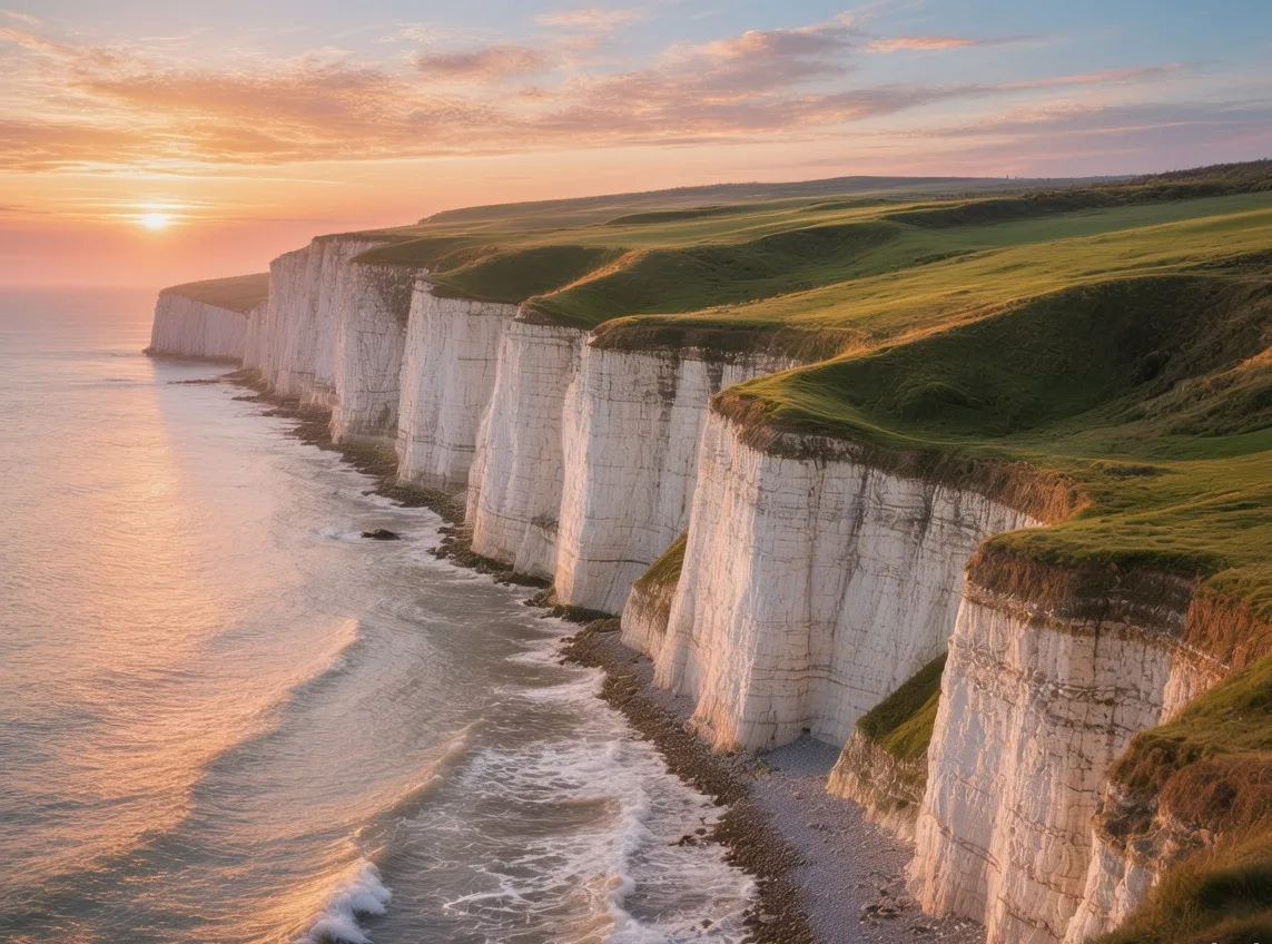 Seven Sisters white chalk cliffs at sunrise with English Channel waves and rolling green downs East Sussex England