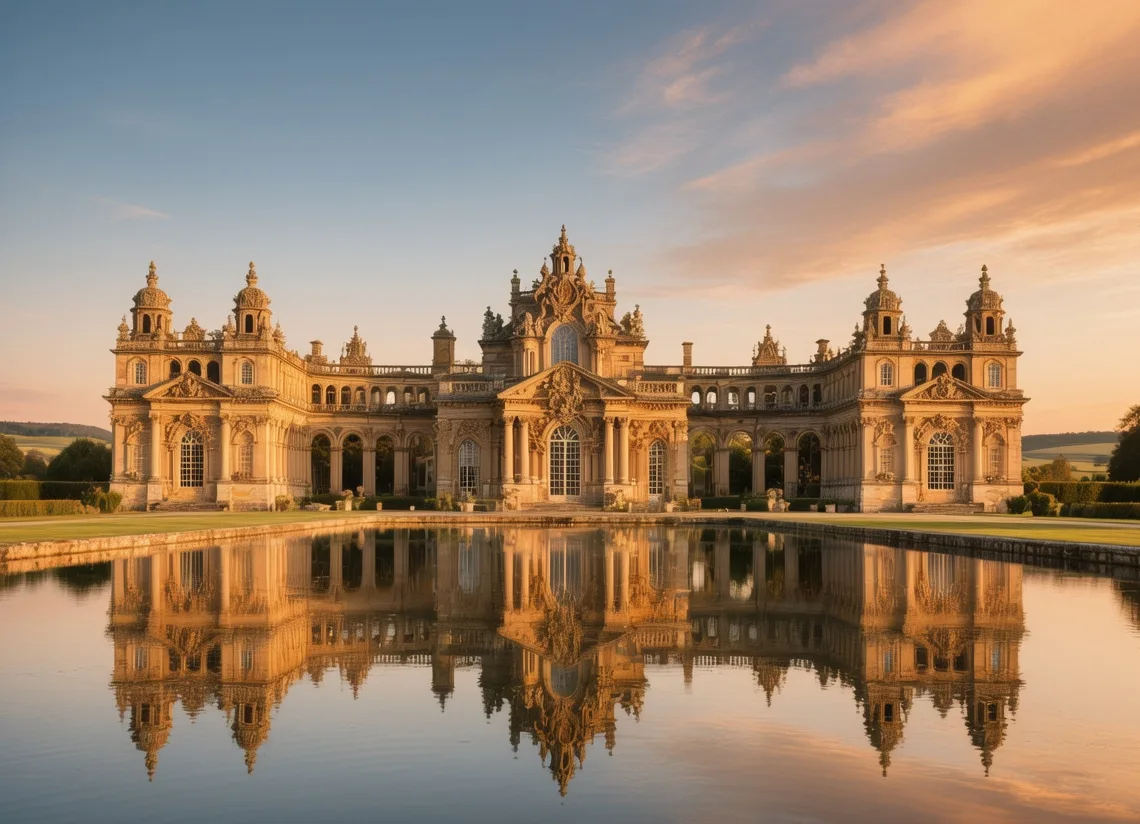 Blenheim Palace baroque facade at golden hour with Great Lake reflecting stone architecture Oxfordshire England