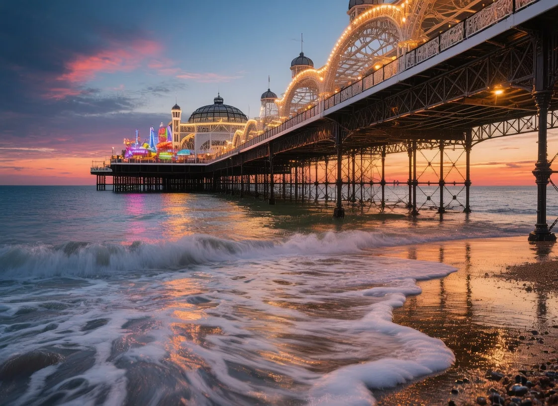Brighton Pier at sunset with Victorian ironwork illuminated and English Channel waves crashing below Sussex England
