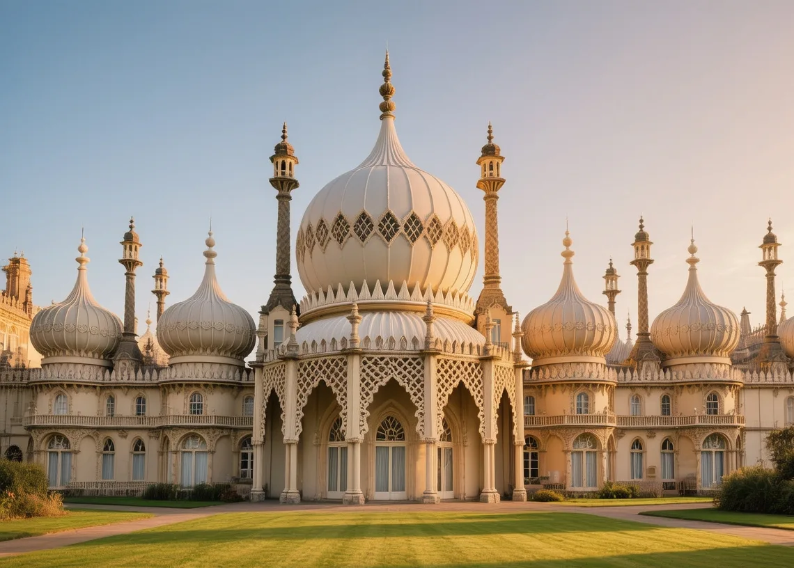 Brighton Royal Pavilion onion domes at golden hour with Regency architecture and green garden lawns England