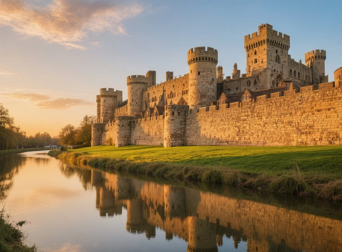 Warwick Castle stone walls at golden hour with River Avon reflecting medieval towers and green lawns England