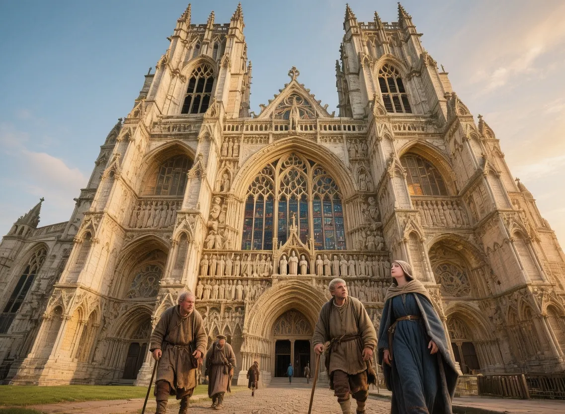 Canterbury Cathedral Gothic spires at golden hour with pilgrims walking medieval streets Kent England
