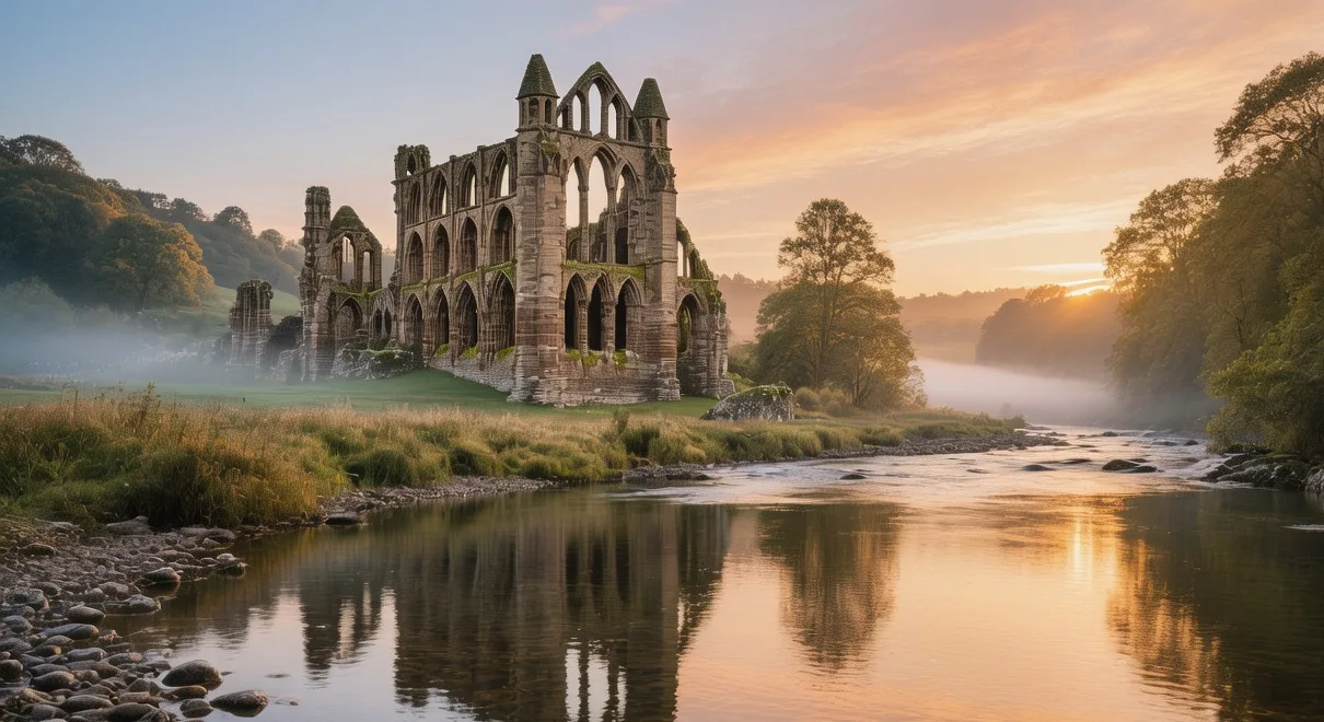 Bolton Abbey ruins at sunrise with River Wharfe flowing, stone arches, green woods, and morning mist in North Yorkshire