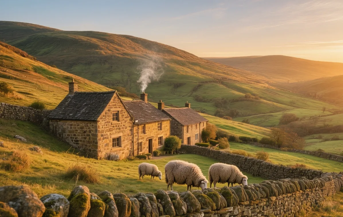 Stone cottages in Hawes village at golden hour with dry stone walls, green hills, and sheep grazing in Yorkshire Dales National Park