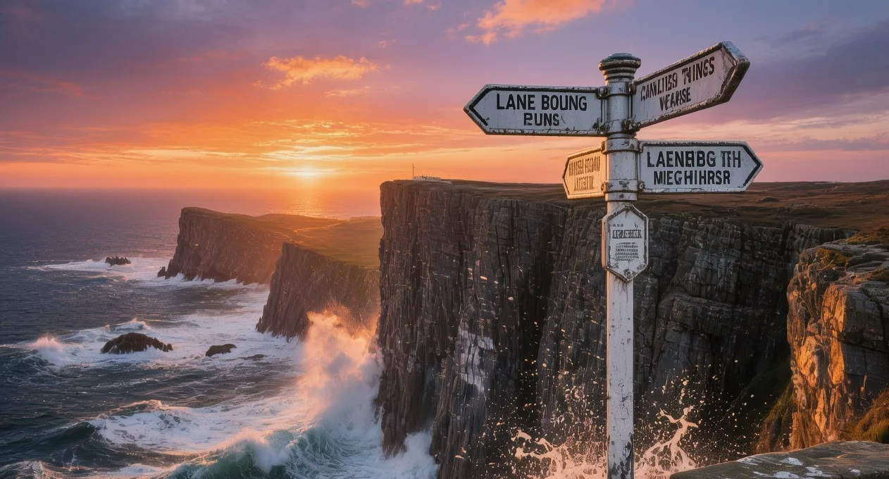 Land's End granite cliffs battered by Atlantic waves with iconic signpost visible at sunset in Cornwall England