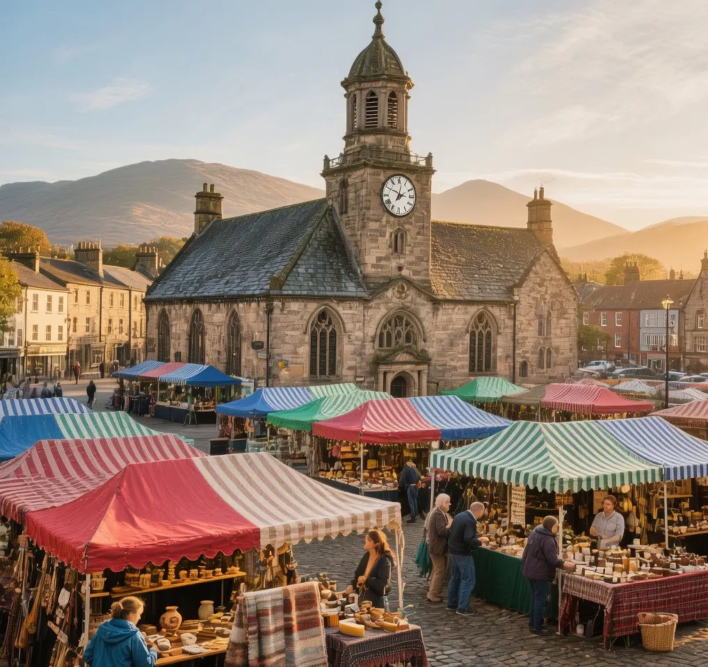Bustling Keswick Market Square at morning light with historic Moot Hall, colorful stalls, shoppers browsing local crafts in Lake District