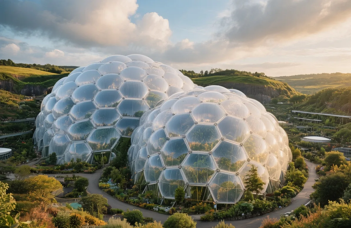 Eden Project biomes glowing green under twilight sky with hexagonal ETFE panels visible in Cornwall England
