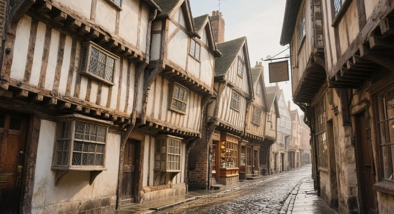 Medieval Shambles street in York with timber-framed buildings, overhanging upper stories, cobblestone path, and golden afternoon light