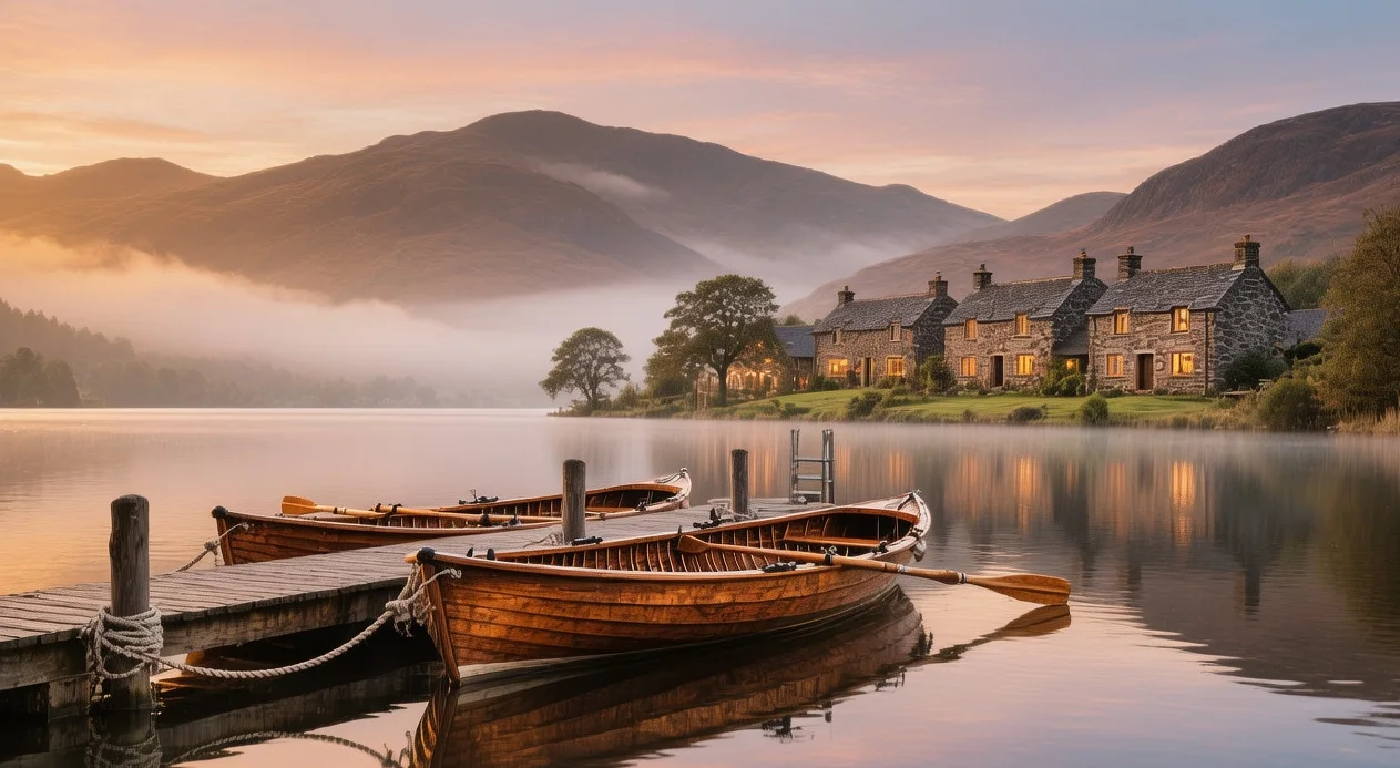Windermere Lake at golden hour with traditional stone cottages, misty fells in background, wooden rowing boats docked at lakeside pier in Lake District