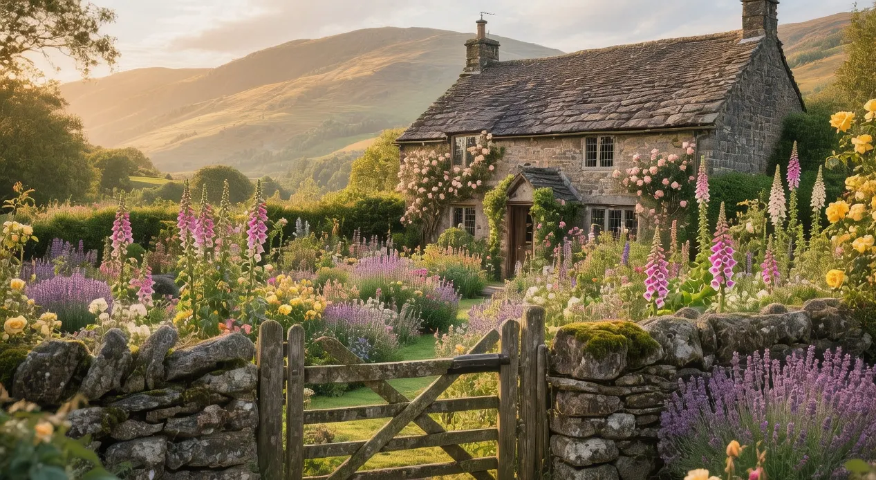 Historic Hill Top farmhouse garden in bloom with stone walls, wooden gate, and Lake District fells in background sunlight